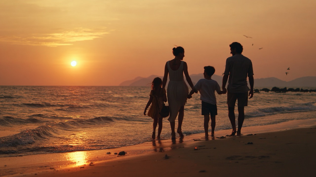 Family walk on teh beach during the sunset