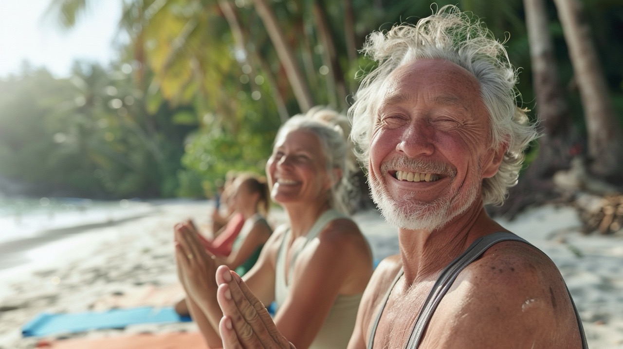 Happy retired couple yoga on the beach