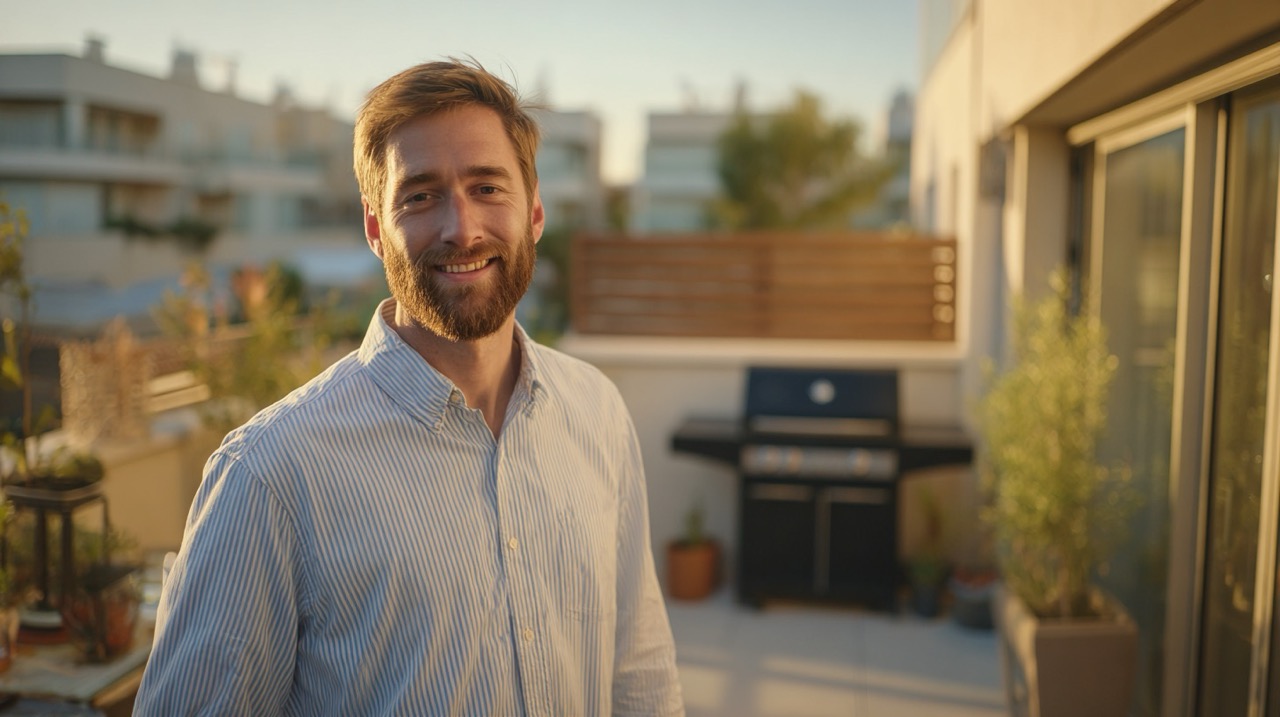 A smiling young man in his home garden