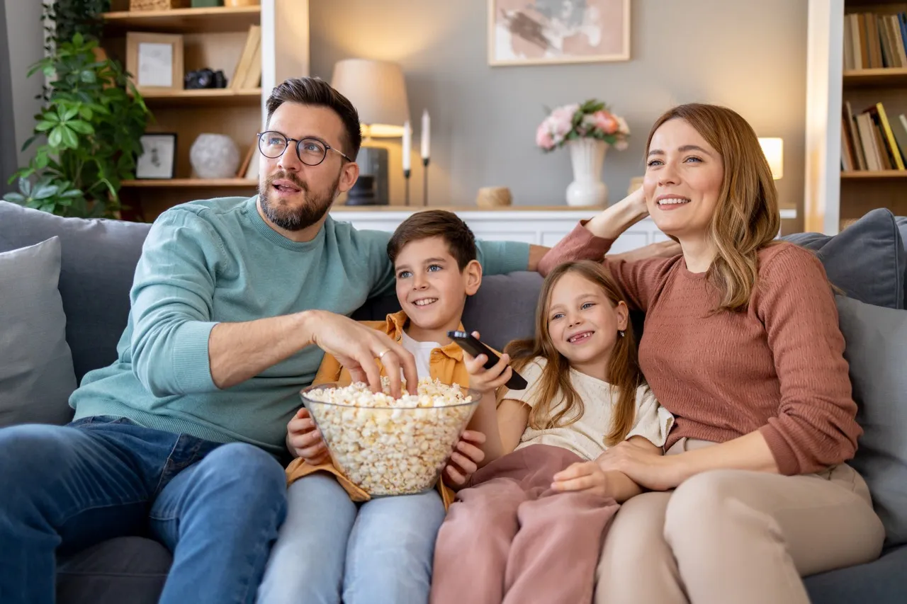 Parents with children watching TV