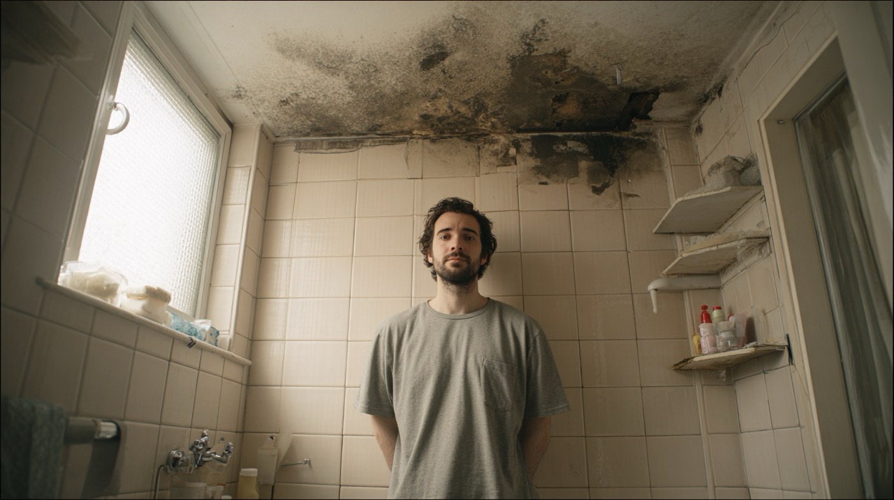 Man in a mouldy bathroom