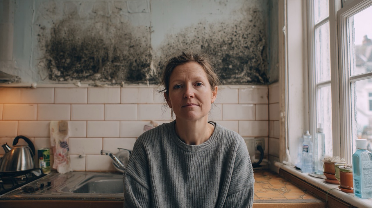 Woman in a mouldy kitchen