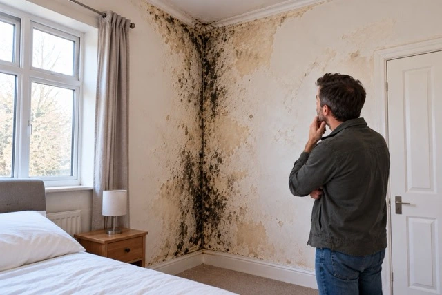 Damp and mould on a bedroom wall